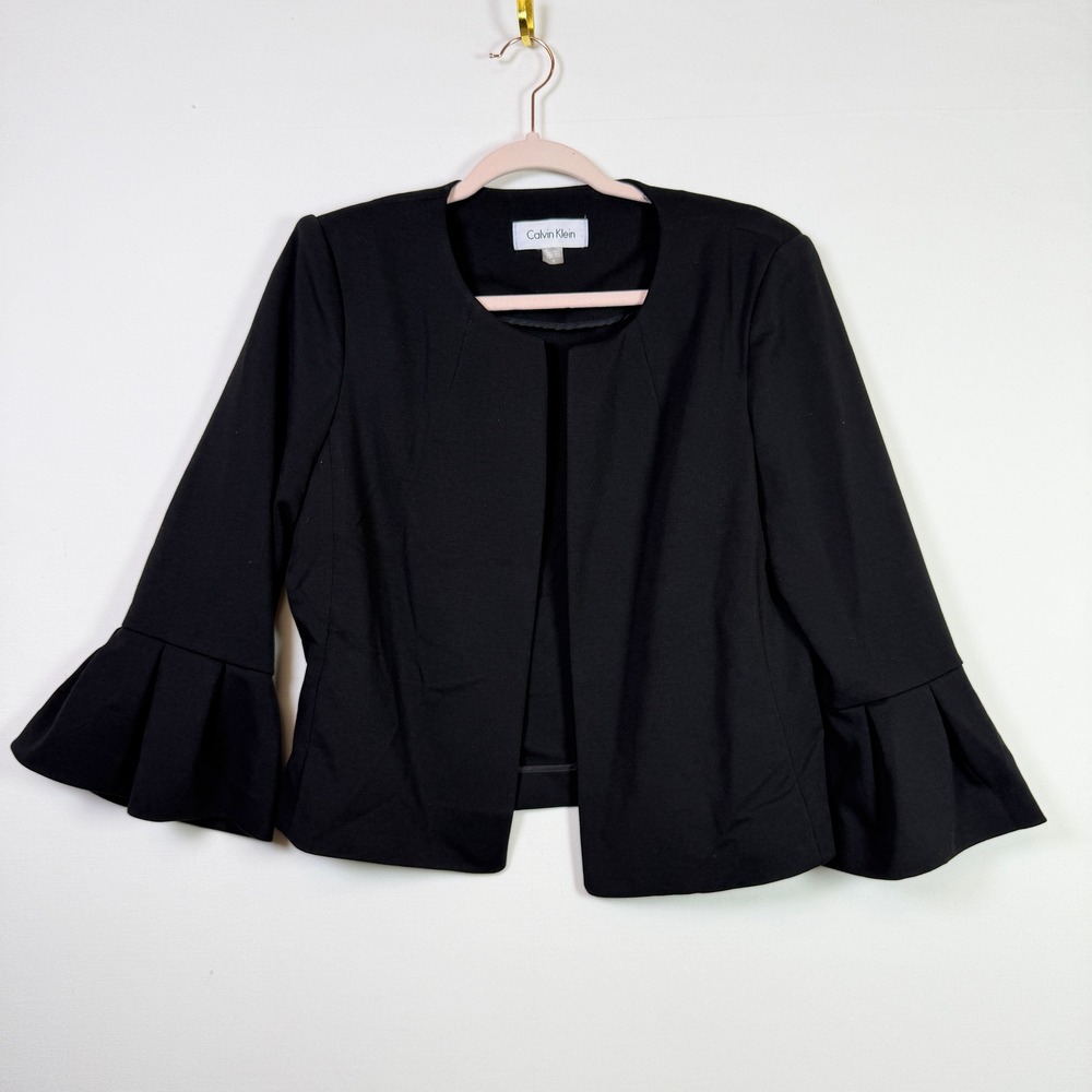 CALVIN KLEIN Black Pleated Bell Sleeve Open Front Blazer Jacket 12